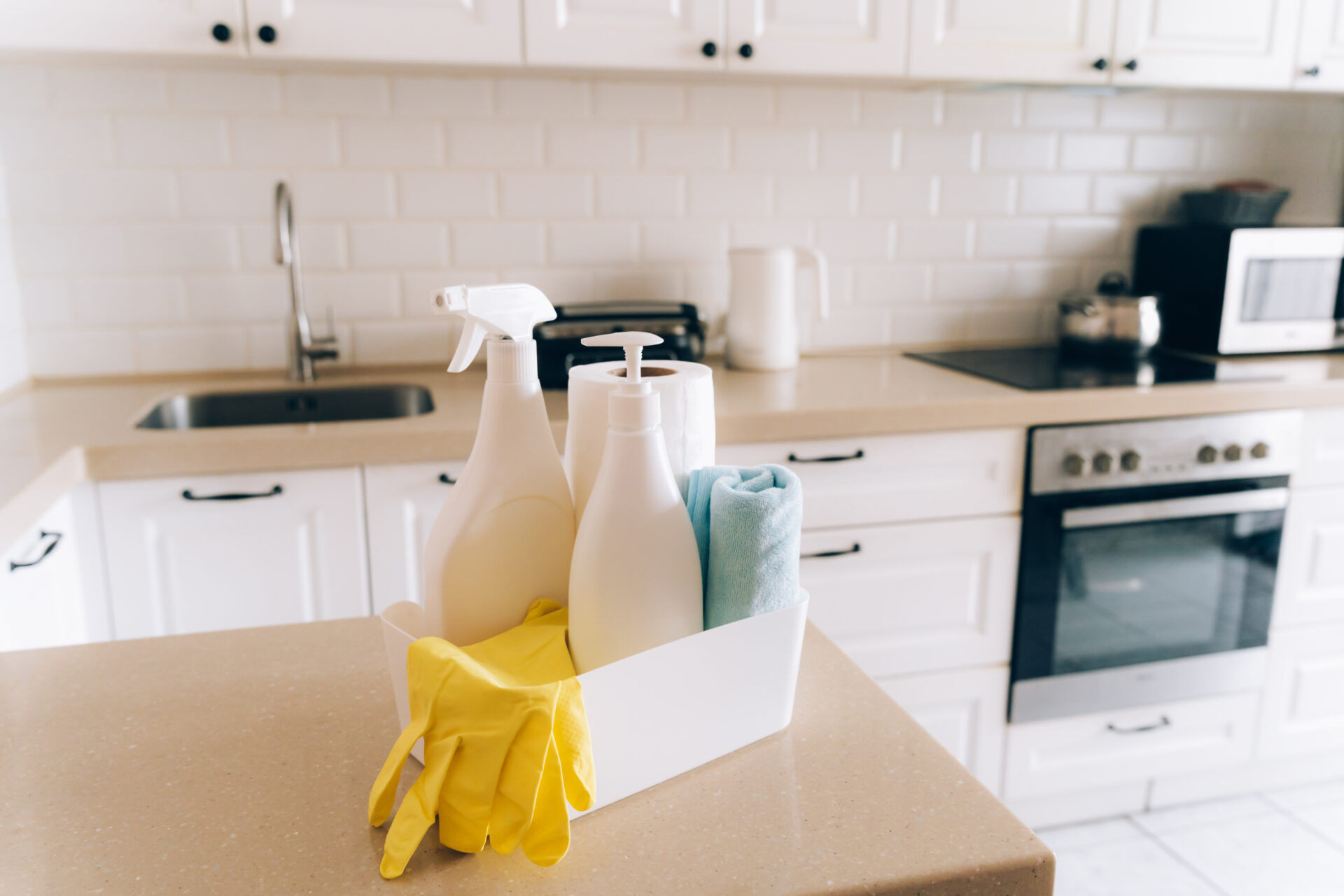 Modern kitchen with cleaning supplies